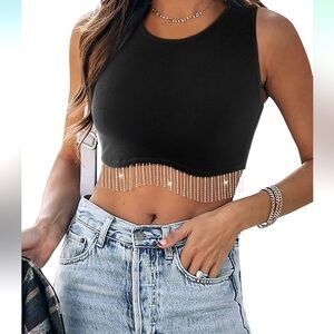 Crew Neck Racer Back Crop Tank With Sparkly Tassel Hem. Size Small